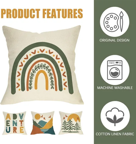 Vista 4 de Fahrendom Fundas Decorativas para Cojines de Aventura Boho 16 x 16 Pulgadas Juego de 4, Funda de Almohada Bohemia Arcoíris Montaña Bosque Porche