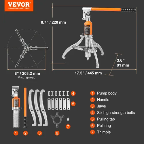 Vista 7 de VEVOR Extractor hidráulico de engranajes, separador de extracción de rodamiento de rueda de capacidad máxima de 5 toneladas, extractor de 2 o 3