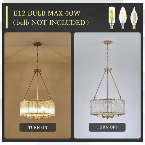 Vista 6 de CATINER Candelabro de cristal de 20 pulgadas, moderno, 6 luces, lámparas de tambor dorado, iluminación colgante de techo de lujo para entrada
