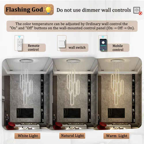 Vista 6 de Flashing God Candelabro moderno, candelabros cromados con 6 anillos LED, lámpara de techo alto más grande para sala de estar, lámpara rectangular