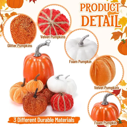Vista 3 de AceOrbit Juego de 24 calabazas artificiales de otoño de Acción de Gracias con hojas de arce, piñas y bayas para decorar mesa de otoño, centro