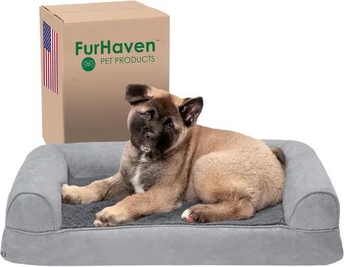 Vista 30 de Furhaven Cama para perro, de espuma viscoelástica, estilo sofá, Sherpa y chenilla, crema, M