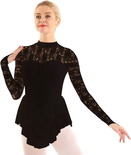 Vista 4 de JEATHA Leotardo de ballet de encaje floral para mujer, mangas para dedos, vestido de patinaje sobre hielo