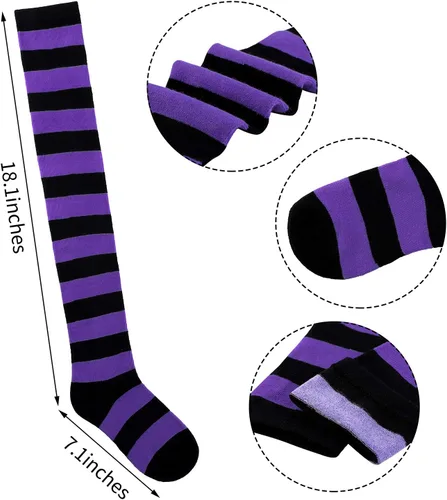 Vista 2 de Aneco 4 pares de calcetines de rayas altas por encima de la rodilla, accesorios de Halloween, cosplay, calcetines altos para adultos, mujeres y niñas