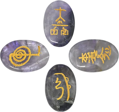 Vista 6 de Amazing Gemstone Piedras de Reiki de cristal de amatista con símbolos grabados para curación Usui Reiki, juego de 4 piezas