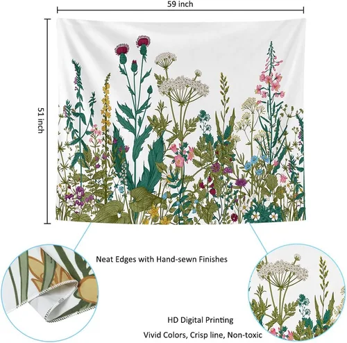 Vista 7 de HOMKUMY Tapiz de pared de flores silvestres, tapiz hippie bohemio con flores psicodélicas indias para colgar en la pared, decoración del hogar