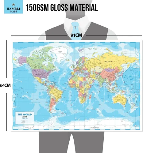 Vista 3 de Póster de mapa del mundo para pared, tamaño grande, 37 x 26 pulgadas, mapa político del mundo de Hambli 2026, borrado para escritura, reverso