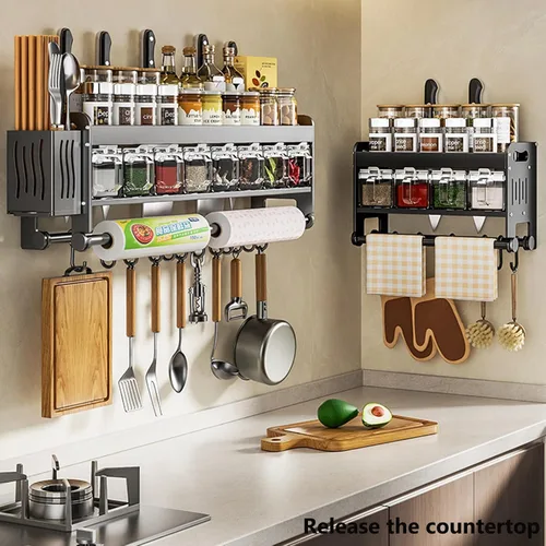 Vista 9 de Cuchillo colgante de pared para montaje en pared, taza de condimentos, estante de cuchillos que ahorra espacio con ganchos, organizador de cocina