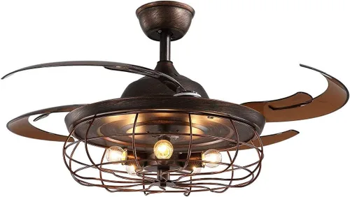Vista 7 de Ventilador de techo retráctil de 48 pulgadas con luces, lámpara industrial oxidada inversa con control remoto para sala de estar, comedor