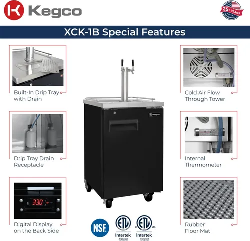 Vista 3 de Kegco XCK-1B-2 Kegerator comercial de doble grifo de 24 pulgadas, dispensador de cerveza de barril de acero inoxidable, sostiene barriles completos
