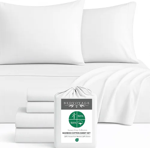 Vista 9 de BedVoyage Cozy Sheets Queen - Juego de sábanas de 50% viscosa de bambú y 50% mezcla de algodón, ropa de cama suave y transpirable, bolsillo profundo