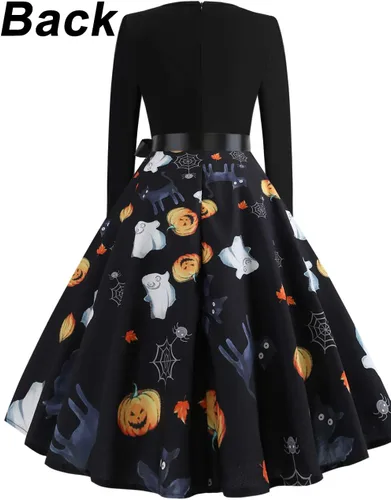 Vista 2 de Vestidos de Halloween para mujer de manga larga vestido de cóctel swing esqueleto calabaza impreso fiesta de disfraces disfraz para fiesta