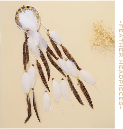 Vista 2 de GORTIN Diadema de plumas bohemias, diadema india hippie, tocado gitano blanco, trajes bohemios, accesorios para el cabello para mujer
