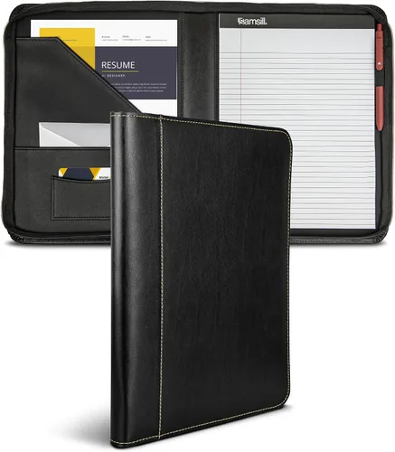Vista 11 de Samsill Portafolio de piel sintética con puntada de contraste, portafolio de negocios para hombres y mujeres, organizador de documentos y currículo