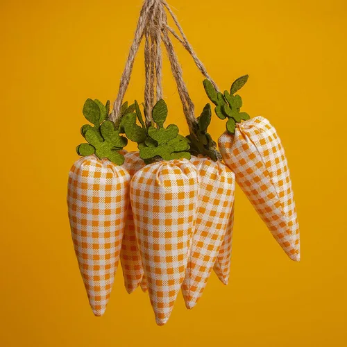 Vista 5 de 16 adornos colgantes de zanahoria de Pascua, patrón de estampado a cuadros, mini zanahoria artificial, adornos colgantes para fiesta de Pascua