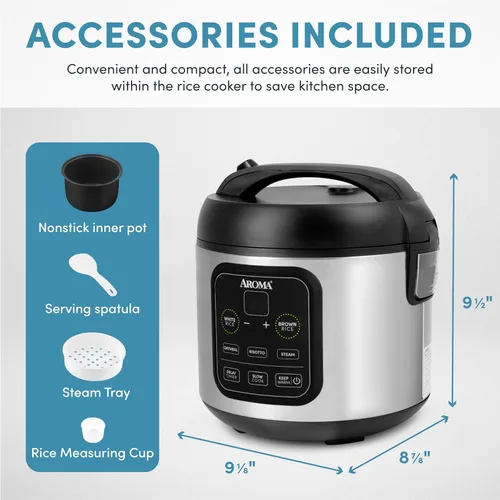 Vista 6 de Aroma Housewares ARC-994SB Olla arrocera y de granos, cocina lenta, vaporera, avena, risotto, 8 tazas (cocinadas)/4 tazas (sin cocinar)/2 Qt, acero