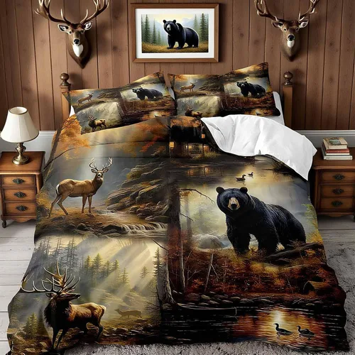 Vista 18 de LUVIVIHOME Juego de funda de edredón de 2 piezas, diseño de oso y alce, ciervo, ciervo, ropa de cama de cabaña, ropa de cama rústica de granja