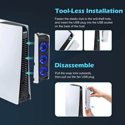Vista 7 de Cooling Fan for PS5 Accessories, Upgraded Auto Temperature Control for PS5 Cooling Fan with 3 Blue LED Light, USB 3.0 Hubs, Efficient for PS5 Cooler