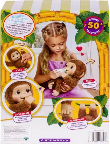 Vista 2 de Little Live Pets My Baby Monkey "Mango" con biberón, juego de animales interactivos y suaves para niños de 4 años en adelante, más de 50 sonidos