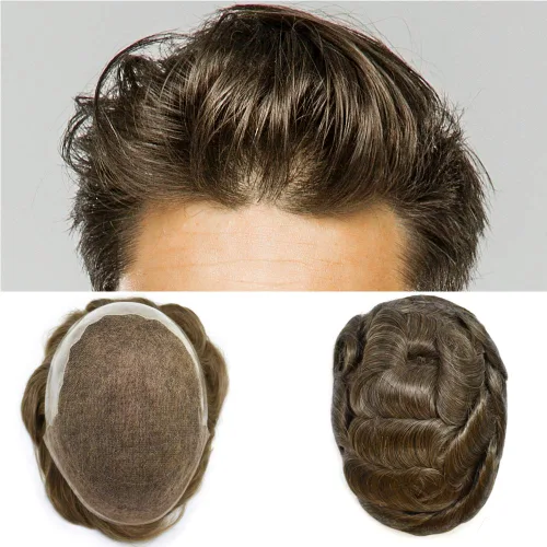 Vista 22 de FACE MIRACLE - Extensiones de cabello humano con encaje frontal francés y nudos blanqueados para hombre, sistema de reemplazo de cabello