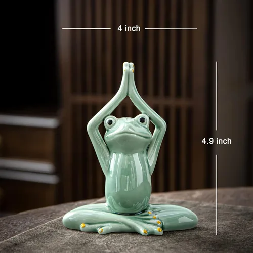 Vista 6 de OwMell Rana Zen de Cerámica para Decoración, Estatua de Rana en Pose de Yoga para Meditación Cerámica para Decoración Zen del Hogar - Namaste