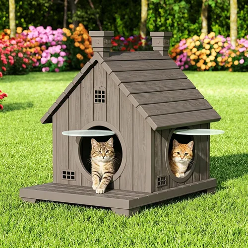 Vista 17 de Casa para gatos al aire libre, resistente a la intemperie, casas de resina duradera para gatos interiores y exteriores, refugio para gatos al aire