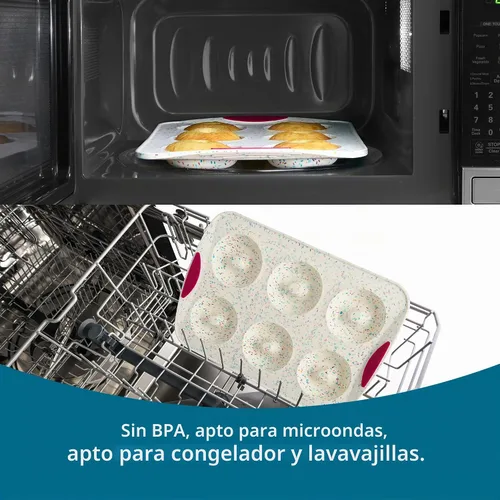 Vista 5 de Trudeau Molde de Donas Jumbo – Molde Antiadherente de 6 Cavidades, Confeti Blanco/Fucsia – Molde de Silicona para Hornear Donas Caseras, Magdalenas