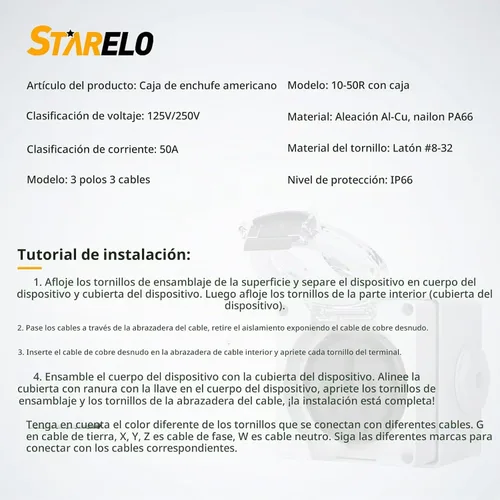 Vista 2 de STARELO Caja de toma de corriente de 50 amperios, receptáculo NEMA 10-50R 125/250 voltios, resistente al polvo y a la intemperie. Sin conexión a