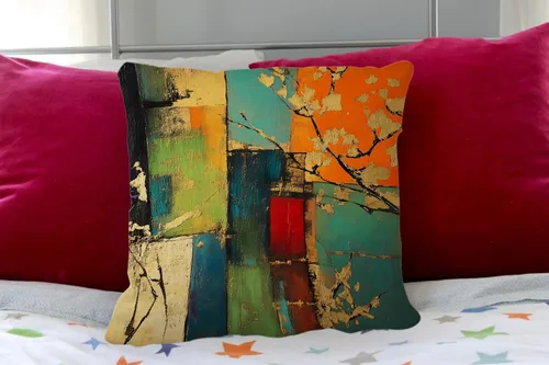 Vista 3 de IBILIU Fundas de almohada de 18 x 18 pulgadas con diseño de arte grunge, color verde, rojo y dorado, pintura de óxido, fundas de cojín de lino