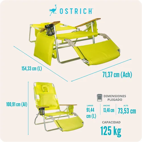 Vista 2 de Ostrich Silla reclinable de salón, Tumbona plegable de lujo para exteriores 3 en 1, Verde Lima - Reclinador compacto y portátil para bronceado