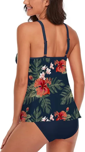 Vista 3 de Omichic Modest Tankini Sets for Womens Swimsuits 2 Piece Athletic Bathing Suits Flowy Tank Top with Mid-Waist Bikini Bottom