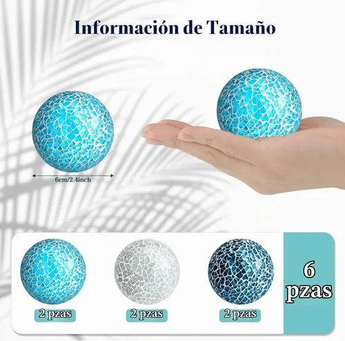 Vista 2 de Vesici 6 bolas de mosaico decorativas para cuencos, bolas de vidrio de mosaico, esferas decorativas de mesa para sala de estar, centro de mesa