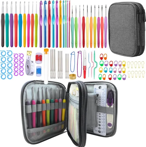 Vista 9 de Juego de 100 ganchos de ganchillo en estuche con mango ergonómico de agarre suave, hilo para tejer, agujas de tejer, kit de accesorios para agujas