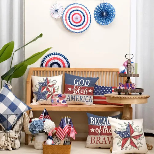 Vista 7 de GEEORY Juego de 4 fundas de almohada de 18 x 18 pulgadas para el 4 de julio, Dios bendiga Estados Unidos, estrellas valientes, a rayas, decorativas