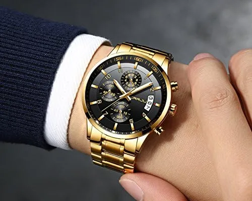 Vista 5 de CRRJU - Reloj de pulsera, de acero inoxidable para hombre, resistente al agua, cronógrafo, correa de acero inoxidable