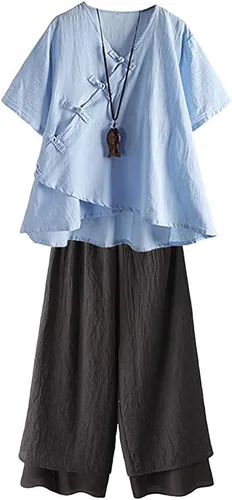 Vista 3 de LaovanIn Pantalones capri de pierna ancha para mujer, de algodón, recortados, palazzo, culottes