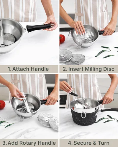 Vista 6 de Molino de alimentos de acero inoxidable con asas desmontables – Molino de manivela para comida de bebé, salsa de tomate y puré de papas – Incluye 3