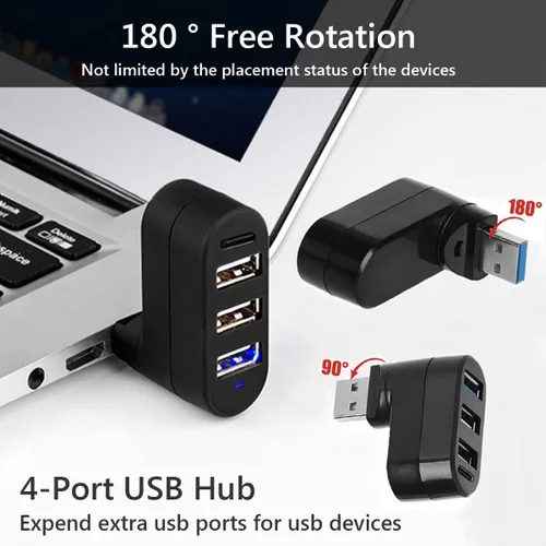 Vista 3 de Actualización: 4 puertos USB 3.0 Hub (90°/180° grados giratorio), Hub giratorio USB multipuerto con puerto USB C de alimentación/datos, extensor USB