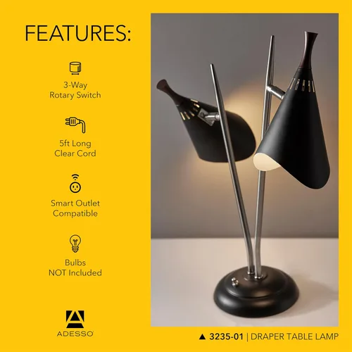 Vista 5 de Adesso 3235-01 Draper Lámpara de escritorio, 22 in., 2 x 60W incandescente/2 x 13W CFL, acero cepillado/pintado negro con acento de madera, 1