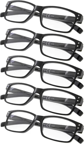 Vista 7 de Gafas de lectura, paquete de 5 bisagras de resorte para mujeres y hombres, incluye 3 negras 2 tortugas +0.00