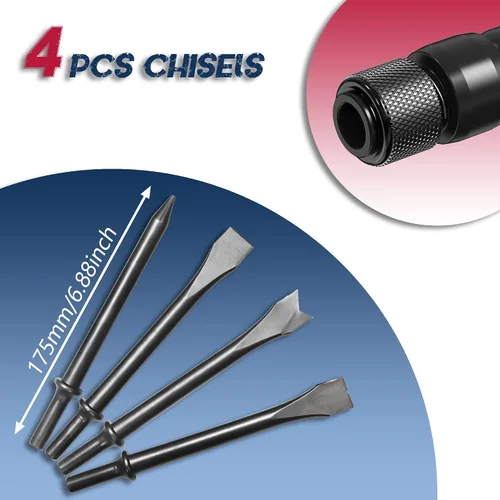 Vista 5 de Martillo neumático, kit de cincel de aire de barril corto NEU PNEUPACTURE de 7.480 in, con 4 cinceles, con retenedor de cambio rápido, cincel