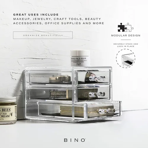 Vista 4 de BINO THE MANHATTAN SERIES Organizador de cajones de maquillaje acrílico, 3 cajones pequeños, organizadores de belleza transparentes