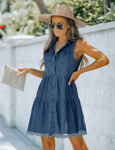 Vista 3 de luvamia Vestido de mezclilla corto con solapa sin mangas y botones para mujer