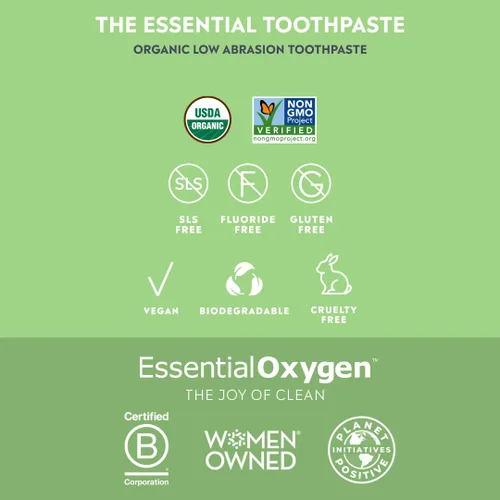 Vista 2 de Essential Oxygen Pasta dental orgánica certificada BR, para dientes más blancos, aliento fresco, encías más felices, sensibilidad dental, menta, 4