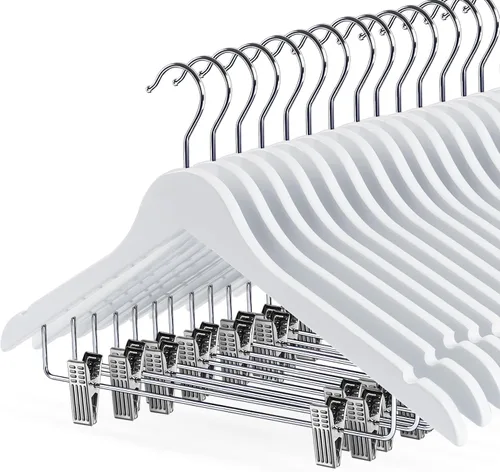 Vista 10 de HOUÍSM - Perchas de madera con clips, perchas resistentes para pantalones y faldas, perchas de madera maciza para pantalones, jeans, ropa