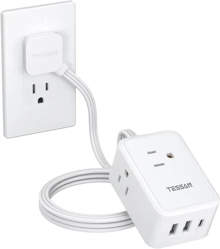 Vista 11 de TESSAN - Tira de alimentación de enchufe plano pequeña, cable de extensión ultrafino de 5 pies, color negro