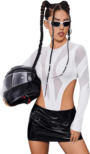 Vista 4 de Verdusa Body de malla en contraste de manga larga con cuello redondo y corte ajustado para mujer