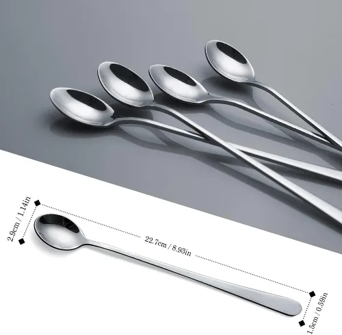 Vista 2 de IQCWOOD Cucharas de té helado de mango largo, cucharas de café de acero inoxidable para mezclar cócteles, juego de 4
