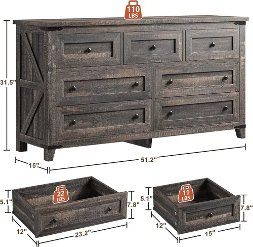 Vista 2 de EnHomee Cómoda de granja para dormitorio, mueble de TV de 51.2 pulgadas de Roble rústico oscuro
