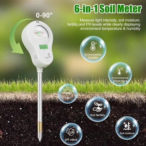 Vista 2 de SPECILITE Probador de suelo 6 en 1, medidor digital de humedad del suelo/medidor de PH/luz solar/temperatura/monitor de fertilidad con 2 sondas